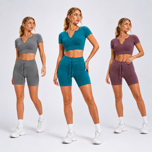 Conjunto de Yoga sin Costuras Personalizado para Mujer, Venta al por Mayor, Conjunto Deportivo de 2 Piezas con <span class=keywords><strong>Manga</strong></span> Corta y Pantalones Cortos, Conjuntos Deportivos sin Costuras para Gimnasio - Product Image 3