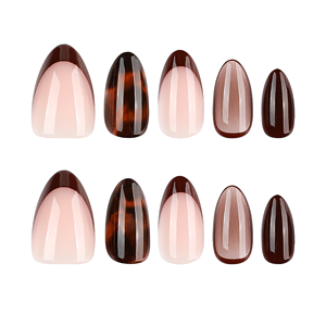 Faux ongles marron écaille de tortue à presser, French manucure, forme amande, brillants, réutilisables, couleur nude, faits à la main, élégants, pour femmes, 4528 - Product Image 5