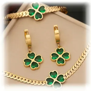 Wholesale Women Emerald Zircon Heart Four Leaf Clover Necklace Bracelet Earrings 18k Gold Plated Stainless Steel Jewelry Set