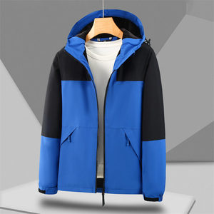 Unisex Windproof Hooded Jacket Pink Navy Color Block Full Sleeve Outdoor Hiking Wear - Product Image 3