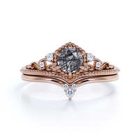 Élégant ensemble de bagues de fiançailles en quartz rutile noir taille ronde en argent sterling 925