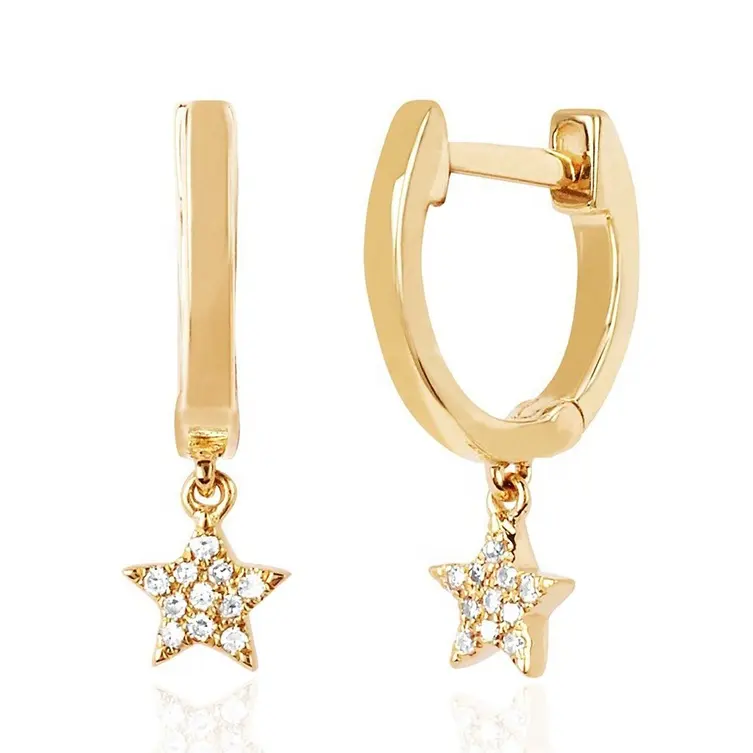 Fashion design 18k gold 925 sterling silver zircon paved pentagram star pendant huggies elle earrings