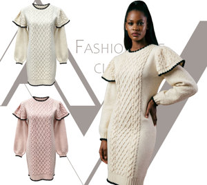 Abito Mini in Maglia <span class=keywords><strong>da</strong></span> Donna Nero con Lavorazione a Treccia, Bordo Ondulato e Spalle con Volant a Sbuffo - Maglieria all'Ingrosso - Product Image 3