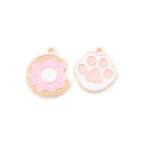 Sweet Cute Pink Donuts Cat Paw Metal Pendant Charms For DIY Making Earrings Bracelet Jewelry Supplies