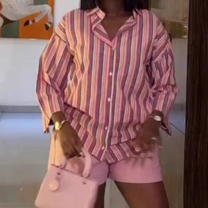 Women's New Style Loose-Fit Elegant Cardigan Striped Shirt Shorts African New Style 2-Piece <b>Set</b> Fashion - Product Image 4