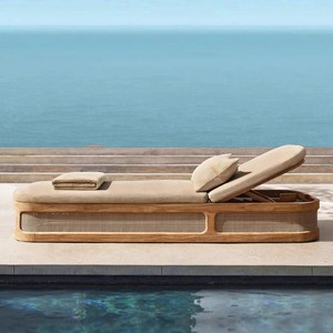 Chaise longue de luxe moderne en bois massif, durable, antiseptique, en teck, pour l'extérieur, avec coussin en rotin, pour <span class=keywords><strong>h</strong></span>ôtel, plage, piscine - Product Image 1