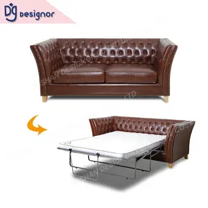 DG Folding Living Room Sleeping Brown Leather Chesterfield Sofa Bed Replica with Mattress Bed