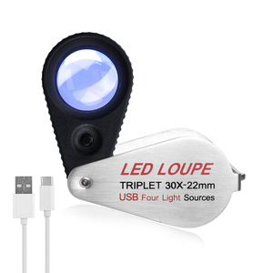 แว่นขยายแบบชาร์จไฟได้ 30 เท่า พร้อมไฟ LED สำหรับงานเครื่องประดับ เลนส์แก้วสามชั้น 4 โหมดแสง เส้นผ่านศูนย์กลางเลนส์ 22 มม. สำหรับนาฬิกา นักตรวจสอบอัญมณี - Product Image 1