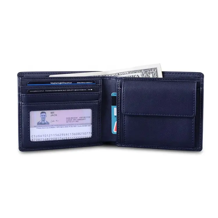 Custom Print Minimalist Genuine Leather RFID Blocking Mens Bifold Wallet With Coin Pocket