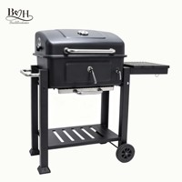 Barbecue à charbon de bois robuste et moderne avec chariot en acier thermolaqué, étagère latérale et support de rangement pour jardin, terrasse et camping
