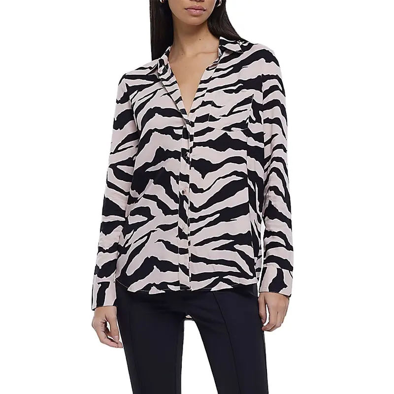 Fashion Women Long Sleeves Button Up Casual Tops Blouse OEM ODM Custom Zebra Printed Chiffon Shirts