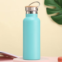 Bouteille d'eau isotherme en acier inoxydable bleu lac 500 ml, gourde de sport, tasse de gym, gobelet de cyclisme, mug de voyage avec bouchon à poignée en bambou