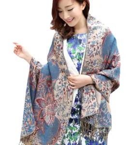 Stylish Retro Double Face Jacquard Shawl With Golden Line Flower Printing Scarf Manufacturer Wholesale