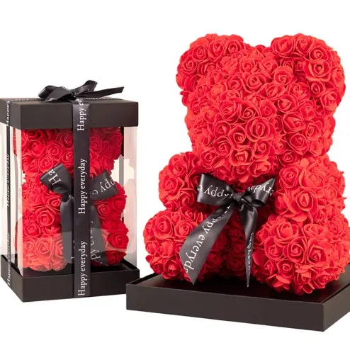 Best selling 25cm teddy bear Artificial preserved eternal rose flower bear with box gift for valentine mother's day