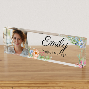 Placa de Identificación de Escritorio de Acrílico Transparente con Foto Floral en Acuarela Personalizada, Impresa con UV, Regalo Empresarial para Gerentes de Oficina - Product Image 1