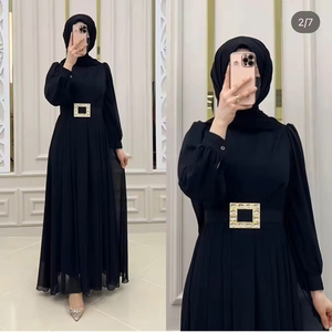 Abito Abaya in Chiffon a Maniche Lunghe con Collo Tondo e Cintura, Colore Unito, per Donna Musulmana, Ideale per Feste e Uso Quotidiano, Stile Dubai, per Eid <span class=keywords><strong>Al</strong></span> Fitr - Vendita all'Ingrosso - Product Image 5