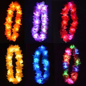 Venta al por mayor a granel 3 modelos intermitentes 6 Led Light Hawaiian Lei collar flor con embalaje individual