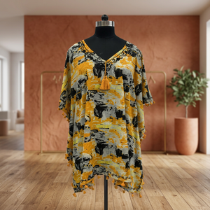 <b>Boho</b> V-Neck Asymmetric Printed Midi <b>Dress</b> With Tassel Decoration Loose Fit <b>Summer</b> Casual <b>Dress</b> - Product Image 3