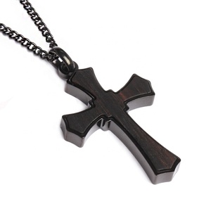 Collier pendentif TIZTI en bois d'ébène naturel et 1 pierre CZ incrustée, croix religieuse en acier inoxydable pour homme - Product Image 5