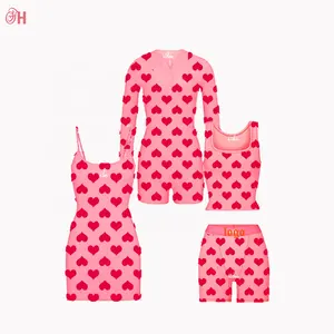 Tùy Chỉnh 2024 Valentine Trái Tim Môi In Pajama Bộ Pijamas Phụ Nữ onsie Phụ Nữ Hai Mảnh Sexy Đồ Lót Loungewear