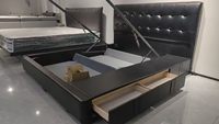 Liquidation : Lit de rangement de luxe en cuir écologique avec vérin à gaz, cadre en bois pleine grandeur, mobilier de chambre