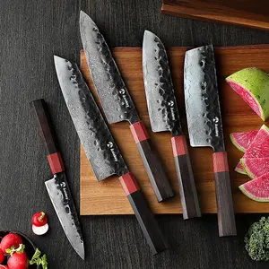 Ebony Wood Handle Handmade Forged Damascus Steel VG10 Core Blade Cutting Cooking Kitchen Knife Set