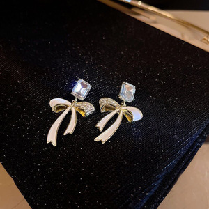 Bow Crystal Drop <b>Earrings</b> <b>Black</b> And White 925 Silver <b>Studs</b> For Women Gift Jewelry Elegant Fashion Accessory - Product Image 3
