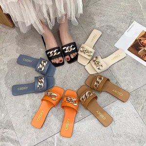 Fashion Women Summer Slipper Square Toe Chain Slippers Slip on Flat Slide Sandals Beach Flip Flops Casual Shoes Ladies Big Size