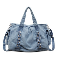 Sac à bandoulière en jean vintage style coréen pour femme avec rivets, sac fourre-tout décontracté en jean délavé INS pour étudiantes