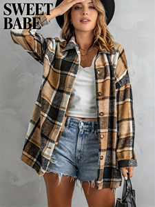 SWEET BABE Chaqueta camisera a cuadros marrón oliva de talla grande para mujer - Abrigo informal de manga larga con botones y solapa, corte holgado - Product Image 1