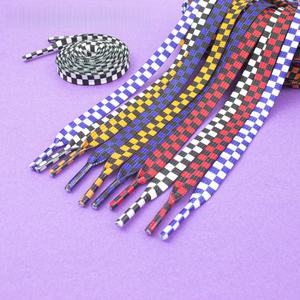 Colorful Checker Print <b>Flat</b> Shoelaces For Casual Sport Sneakers 8mm Polyester Tartan Plaid Laces High Quality <b>White</b> Plastic Tips - Product Image 1