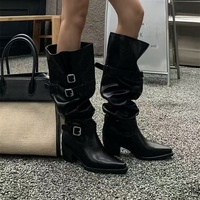 Bottines à talon épais et large, en microfibre, avec boucle en cuir, à tige haute, pour femmes