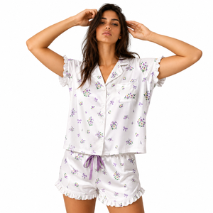 Conjunto de Pijama de Satén con Estampado Floral Personalizado para Mujer, Manga Corta, Botones, Dos Piezas, Ropa de Dormir, Ropa de Casa de Verano, Satén de Seda Suave - Product Image 1