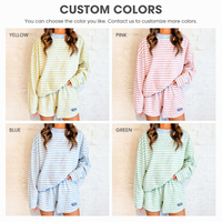 Ensemble survêtement décontracté pour femme avec logo brodé personnalisé, sweat-shirt rayé à col rond et short, coupe ample et oversize