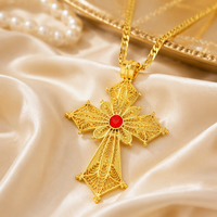 Collier vintage FS avec croix éthiopienne en filigrane, plaqué or 18 carats, pendentif croix creuse avec strass rouge, bijoux religieux