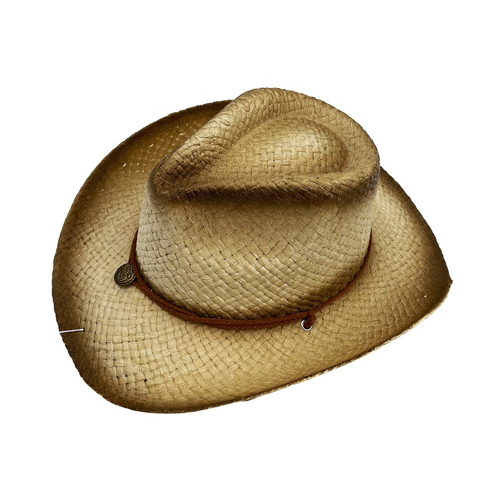 Летняя сетчатая светло-коричневая меняющая градиент Панама из рафии Соломенные Ковбойские шляпы оптовая продажа ковбойская шляпа соломенная с веревкой