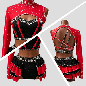 Girls Jazz Lyrical Dance Costume <b>Red</b> Black Rhinestone Cutout <b>Crop</b> <b>Top</b> Ruffled Skirt Kids Modern Contemporary Performance Wear - Product Image 2