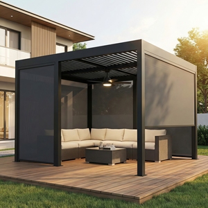 Pérgola Eléctrica Retráctil con Cortina Lateral <span class=keywords><strong>para</strong></span> Protección <span class=keywords><strong>de</strong></span> la Privacidad, Marco <span class=keywords><strong>de</strong></span> Aluminio y Tela Resistente a los Rayos UV <span class=keywords><strong>para</strong></span> <span class=keywords><strong>Terraza</strong></span> - Product Image 1