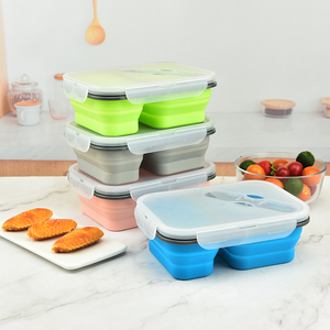 Two Compartments Silicone Bento Box Food Container Food Grade Collapsible Lunch Bowl for Outdoor Travel Picnic PP Lid