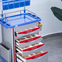 Chariot d'anesthésie hospitalier ABS avec 5 tiroirs, chariot à médicaments d'urgence avec boîtes de séparation pour médicaments, poubelle, roues silencieuses avec frein