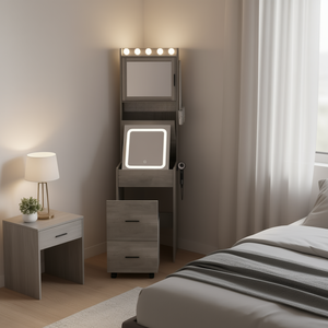 Set Vanity Compatto Grigio con Luci LED, Sgabello Contenitore, Postazione Trucco, Design Moderno, Arredamento Camera da Letto - Product Image 2