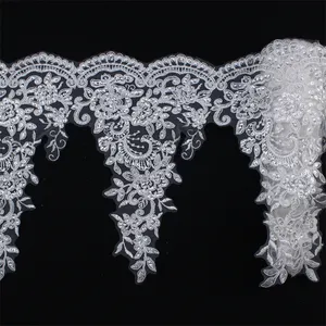 Embroidery Sequins Bridal SwissLace Trim Fabric Manufacturer Chantilly Tulle Mesh White Gold Lace Trim For Wedding Dress C