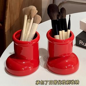 Plastic Makeup Brush Holder Round Cosmetic Storage Organizer For Desk Use Red And White Colors - Product Image 3