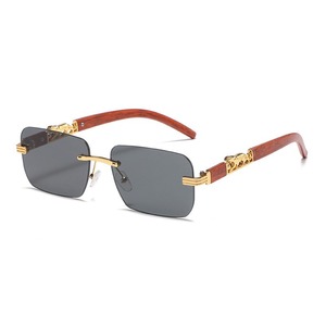 Rimless <b>Gradient</b> <b>Sunglasses</b> Wood Frame Gold Accents Retro Style Unisex UV400 Protection Adult Accessories - Product Image 4