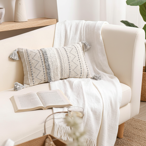 BlissBlush 12x20 Gray Boho Decorative Lumbar Pillow Cover Neutral White Farmhouse Accent Seat <b>Cushion</b> <b>Rectangular</b> Boho Style - Product Image 5