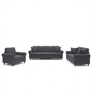 Set di divani Chesterfield in velluto grigio scuro con braccioli arrotolati e gambe in metallo per soggiorno - Product Image 1