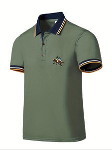 Polo à manches courtes pour homme, vert olive, avec logo brodé, style preppy, coton piqué, respirant, tricoté, coupe classique - Product Image 1