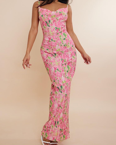 Abito Midi Senza Maniche con Stampa e Pieghe, Vestito Estivo da <span class=keywords><strong>Donna</strong></span> con Spalline Sottili, Aderente per Feste ed Eventi Serali, Elegante e Slim per Vacanze - Product Image 5