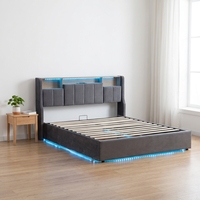 Lit double Willsoon moderne et simple avec tête de lit en velours doux et éclairage LED, cadre de lit rembourré personnalisé avec rangement en fer