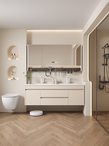 Mueble de baño moderno blanco con lavabo doble integrado de cerámica, combinación de mueble de baño con lavabo. - Product Image 1